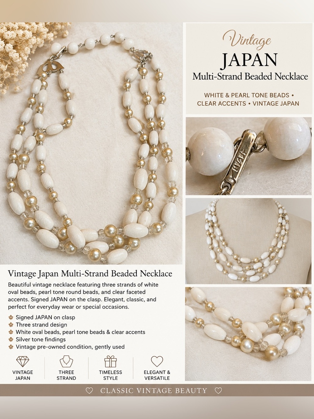 Vintage Japan Multi-Strand White & Pearl Tone Beaded Necklace